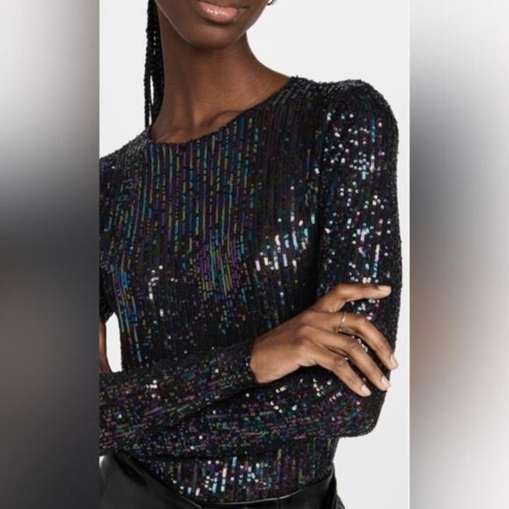 NEW FREE PEOPLE BLACK SEQUINS Gold Rush Long Sleeve TOP in Black Combo Sz S